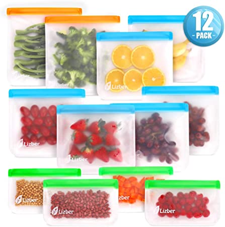 [12 Pack] Reusable Food Freezer Ziplock Bags, 6 Sandwich Bags & 4 Snack Pouches & 2 Large Soup Bags, Food-Grade BPA Free Leakproof Sealable Lunch Bags