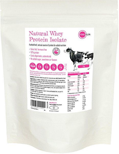 PINK SUN Natural Whey 1kg or 3kg - Grass Fed Hormone Free Whey Protein Isolate Powder (92% protein) Unflavoured - Bulk Buy