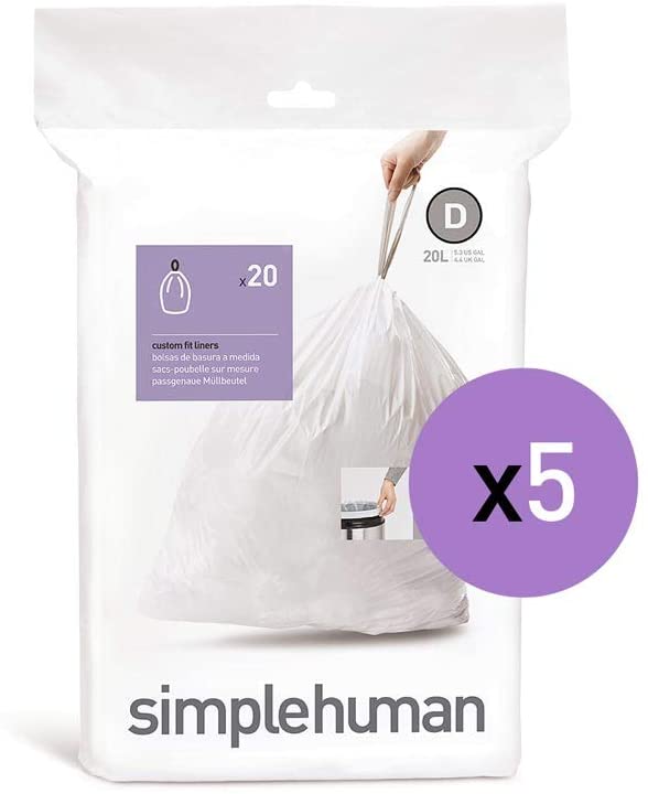 simplehuman Code D Custom Fit Drawstring Trash Bags, 20 Liter / 5.2 Gallon, White, 100 Count