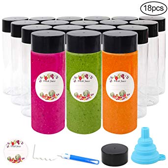 18 Packs Plastic Juice Bottles 13.6 OZ PET Empty Reusable Clear Drink Containers with Black Lids for Storing Juice, Milk, Smoothie or Homemade Beverages
