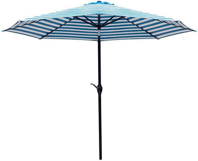 Greesum VCGre922W3 9' Market Outdoor Table 8 Sturdy Ribs,Puch Button Tilt,White/Blue Patio Umbrella