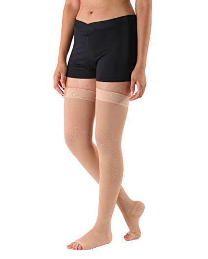Compression Stockings, Made in the USA - Opaque Medical Graduated Compression 20-30 mmHg, Thigh High With Silicone Border, Open Toe, Color Beige, Size Large, Sku: A213BE3 - Absolute Support