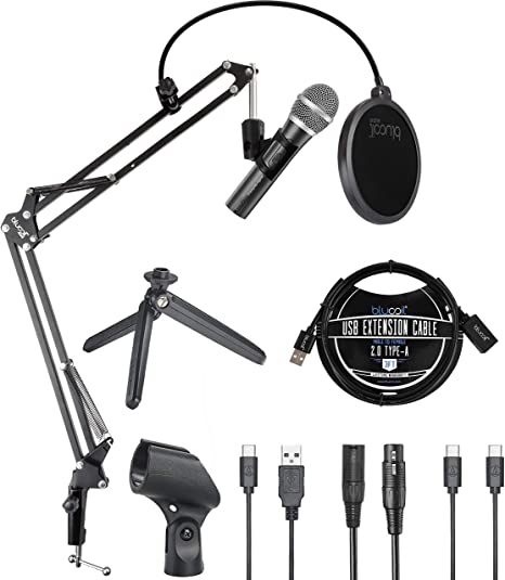 Audio-Technica ATR2100X-USB Cardioid USB-C XLR Microphone for Podcasting, Voiceover, Studio Recording Bundle with Blucoil Boom Arm Plus Pop Filter, and 3-FT USB 2.0 Type-A Extension Cable
