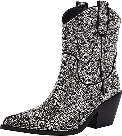 vivianly Rhinestone Cowboy Boots for Women Western Ankle Glitter Booties Cowgirl Boots, Women's Mid Calf Sparkling Diamond Boots Pointed Toe Chunky Heel Boots