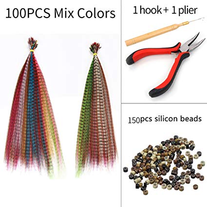 Feather Hair Extensions Kit Synthetic 16" 100pcs I-tip Highlight Colored Colorful Hairpieces Hair Piece  150pcs Silicon Micro Ring Bonus Beads   1pc Plier   1pc Pulling Needle Hook Tool