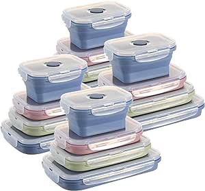 Nuanchu 4 Sets 16 Pcs Silicone Food Storage Containers with Lids Collapsible Meal Prep Container Silicone Food Box Microwave Lunch Containers Leftover Meal Box (Green, Blue, Pink)