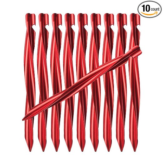 Tripmas Premium Aluminum Tent Stakes 10 Pack - Swirled Shape Tent Pegs with Nylon Pouch - 8" Length Each