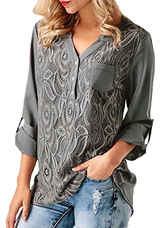 GTealife Women's Loose Solid Roll Tab Sleeve Lace Panel Casual Split Neck Blouses Tops S-2XL