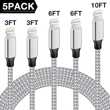 Binecsies iPhone Charger 5 Pack MFi Certified Lightning Cable [3/3/6/6/10FT] Compatible iPhone Xs/Max/XR/X/8/8Plus/7/7Plus/6S/6S Plus/SE/iPad Extra Long Nylon Braided USB Charging & Syncing Cord