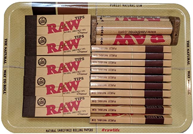 Raw Single Wide Papers Bundle - 500 Single Wide 70mm Classic Rolling Papers, 500 Raw Rolling Tips, 70mm Raw Rolling Machine and Raw Mini Tray Starter Kit