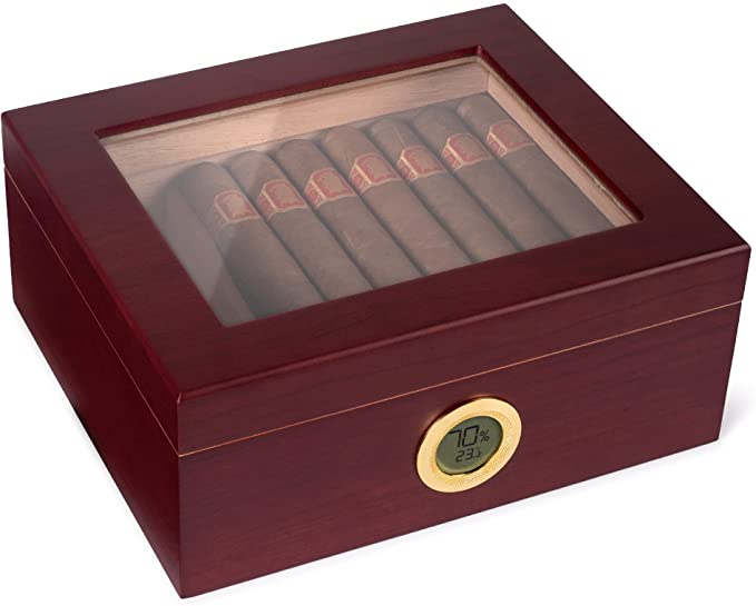 Mantello Royal Glass-Top Cigar Humidor - Desktop Humidifier Storage Box for 25-50 Cigars with Digital Hygrometer & Divider - Handcrafted Rosewood Finish - Cedar Wood Case - Gift for Men