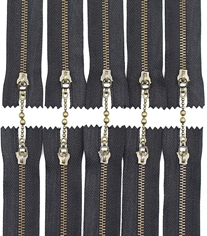Meillia 10PCS 12 Inch #3 Antique Brass Metal Zippers with Water Drop Pulls Close-end Anti-Brass Metal Zippers for Sewing, Purses, Bags, Handbags (12" 10pcs)
