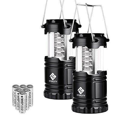 Etekcity 2 Pack Portable LED Camping Lantern Flashlights with 6 AA Batteries - Survival Kit for Emergency, Hurricane, Outage (Black, Collapsible)