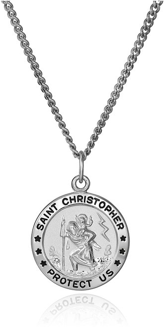 Sterling Silver Round Saint Christopher Medal with Stainless Steel Chain, 20"