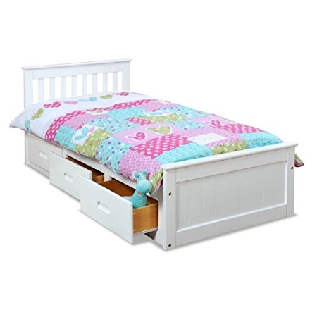 Twin Size Pine Mission Bed with 3 Drawer Storage (White)