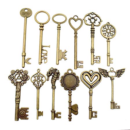 12pcs Antique Bronze Huge Skeleton Key Craft Supplies Charms Pendants for Crafting, Jewelry Findings Making Accessory For DIY Necklace Bracelet M29 (huge key collection)