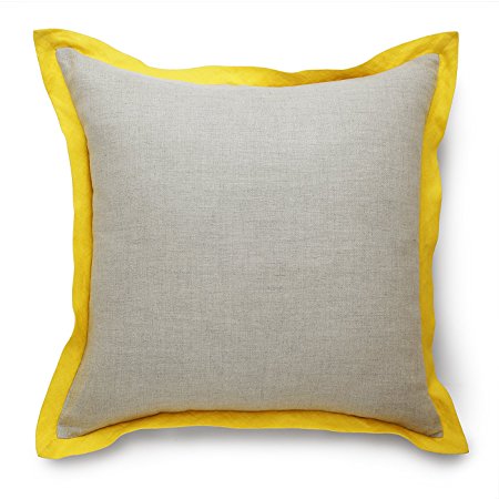 100% Pure Linen Natural Pillow Cover, Decorative Square Throw Pillow Cover Cushion Case Concordia With Colored Border, 20 x 20 Inch Yellow Cushion Cover Case by Solino Home