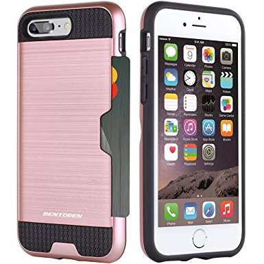 iPhone 7 Plus Case, BENTOBEN Credit Card Holder 2 In 1 Hybrid Slim Fit Plastic Hard Shell Flexible TPU Shock-absorption Anti-slip Protective Wallet Case for Apple iPhone 7 Plus(5.5 Inch), Rose Gold