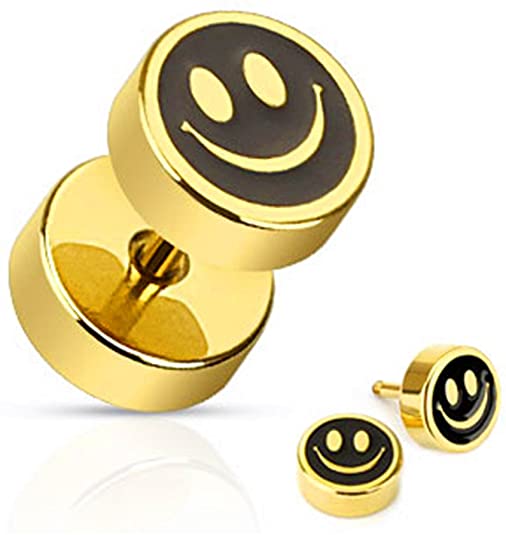 U2U Jewelry Pair of IP Over 316L Surgical Steel Smiley Face with Black Inlay Fake Plug Earring