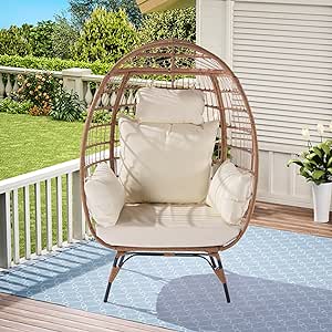 Wicker Egg Chair, Oversized Indoor Outdoor Lounger for Patio, Backyard, Living Room w/ 5 Cushions, Steel Frame (Beige)