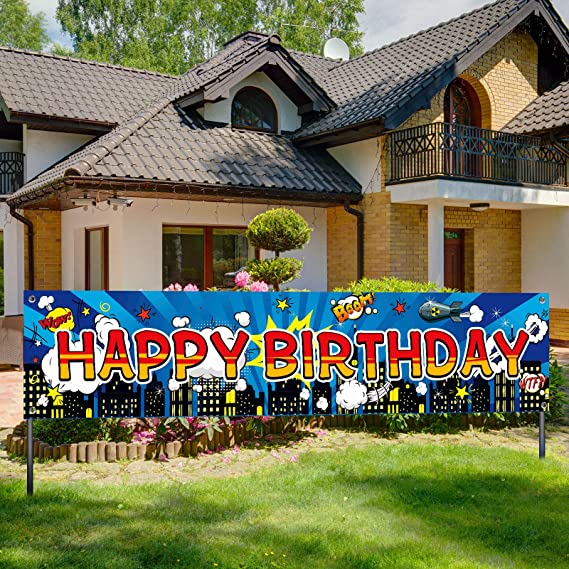 Hero Happy Birthday Banner Hero City Banner Boys Birthday Party Decorations 70.8 x 15.7 Hero Themed Birthday Banner with Rope for Birthday Party