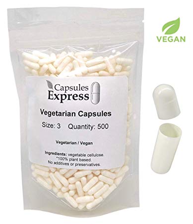 Capsules Express- Size 3 White Empty Vegan Capsules 500 Count - Kosher and Halal Certified - Gluten-Free Vegetarian/Vegetable Pill Capsule - DIY Powder Filling