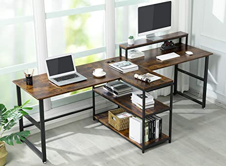 Sedeta 94.5 inches Two Person Desk, Double Computer Desk with Storage Shelves, Extra Long Workstation Desk with Monitor Stand, Power Strip with USB, Study Writing Desk for Home Office, Rustic Brown