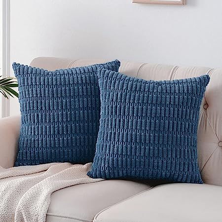 Fancy Homi 2 Packs Dusty Blue Decorative Throw Pillow Covers 18x18 Inch for Living Room Couch Bed Sofa, Rustic Farmhouse Boho Home Decor, Soft Striped Corduroy Square Cushion Case 45x45 cm