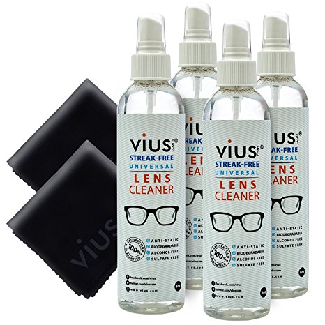 Lens Cleaner – vius Premium Lens Cleaner Spray for Eyeglasses, Cameras, and Other Lenses - Gently Cleans Bacteria, Fingerprints, Dust, Oil (8oz 4-Pack)
