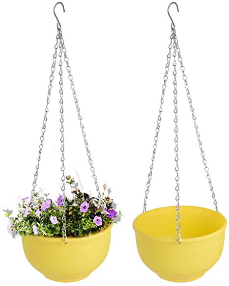 Vencer Set of 2 Metal Hanging Planter Imitation Ceramic Plastic Flowerpot 9.3 inch Water Permeable Type,Round Shape,Yellow,VF-075Y