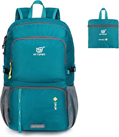 Lightweight Packable Hiking Backpack 30L - SKYSPER Foldable Travel Daypack with Wet Pocket Ultralight Stuff Sack Cyan