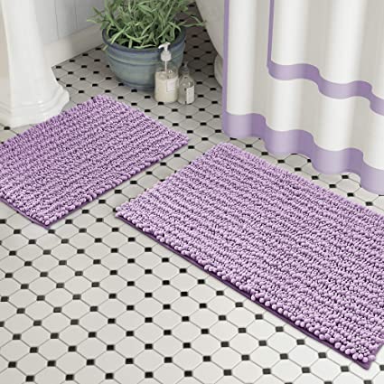 Zebrux Non Slip Thick Shaggy Chenille Bathroom Rugs, Bath Mats for Bathroom Extra Soft and Absorbent - Striped Bath Rugs Set for Indoor/Kitchen (20 x 30   15 x 23'', Lavender)