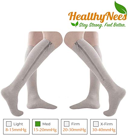 HealthyNees 2 Pairs Set Combo Closed Toe 15-20 mmHg Zipper Compression Socks Leg Fatigue Calf Circulations Support Grey (L/XL)