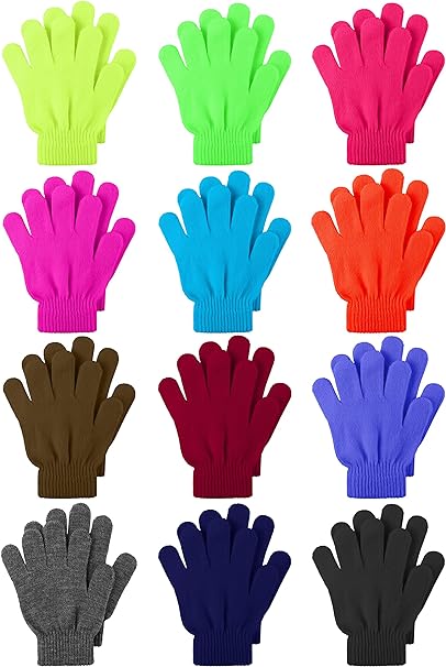 Cooraby 12 Pairs Kids Warm Magic Gloves Teens Winter Stretchy Knit Gloves Boys Girls Knit Gloves