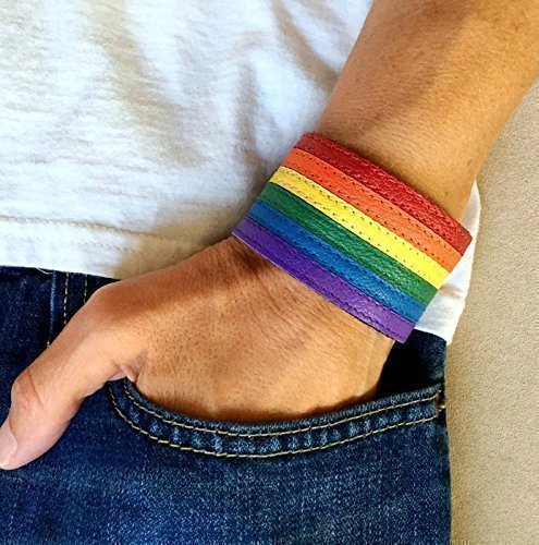 Gay pride lgbt rainbow leather bracelet cuff.