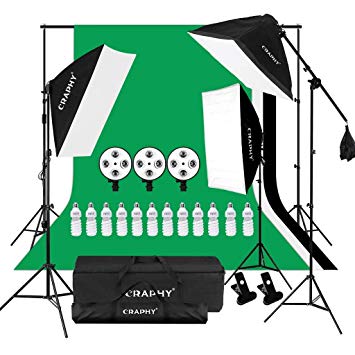 CRAPHY 2000W Photography Studio 4-Socket Softbox Continuous Lighting Kit with Backdrop Stand,Upgraded Background (Green,White,Black),45w Lamp,Light Stand,Holder Kit and Portable Bag for Portrait