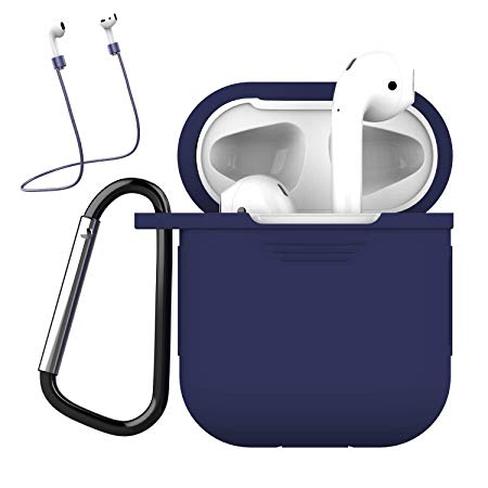 AirPods Case, Bqmte Silicone Case Protective Cover Skin with Keychain Anti-Lost Strap Compatible with Apple AirPods 2 & 1 [Front LED Not Visible] (Dark Blue)