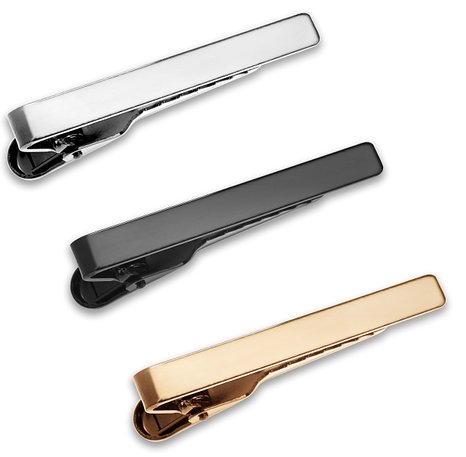 3 Pc Mens Tie Bar Pinch Clip Set Skinny Ties 1.5 Inch, Silver, Black, Gold Tone Gift Box