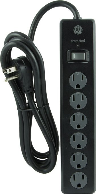 GE 14091 6-Outlet General Purpose Surge Protector, 800 Joules, 6 ft Cord, Black, with Twist to Lock Safety Covers and Connected Equipment Warranty