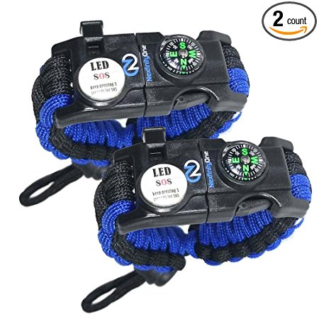 Survival Paracord Bracelet with SOS LED Light! Adjustable 550 grade includes Firestarter, Compass, Rescue Whistle and compact Multitool - 2 PACK