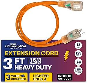 3ft Power Outdoor Extension Cord & Indoor - Waterproof Electric Drop Cord Cable - 3 Prong SJTW, 16 Gauge, 13 AMP, 125 Volts, 1625 Watts, 16/3 by LifeSupplyUSA - Orange (1 Pack)