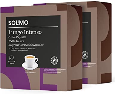 Amazon Brand - Solimo Lungo Intenso Nespresso Compatible Coffee Capsules, 100 capsules (2 packs x 50) - Rainforest Alliance Certified