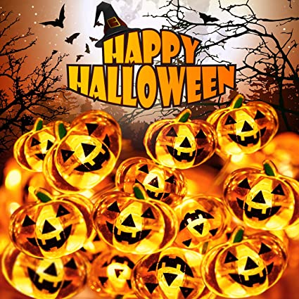 Halloween Decoration Fairy Lights, 10ft 40 LED Jack-O-Lantern Faces Pumpkin String Light 8 Mode with Remote, Battery and USB Plug-in Operated Hanging Light for Indoor Outdoor Spooky Party Holiday Yard