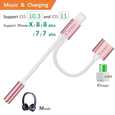 iphone 7 / 7 plus / 8 / X adapter, (Support iOS 10.3, iOS 11)Cone 2 in 1 Lightning Adapter and Charger, Lightning to 3.5mm Aux Headphone Audio Adapter for iphone X, 8, 8 plus, 7(Rose)