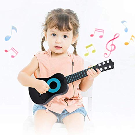 WEY&FLY Kids Toy Guitar 6 String, Baby Kids Cute Guitar Rhyme Developmental Musical Instrument Educational Toy for Toddlers (Black/Blue)