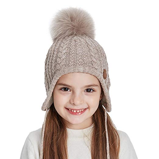 SOMALER Toddler Kids Winter Earflap Beanie Hat Boy Girl Fur Pompom Knit Hats