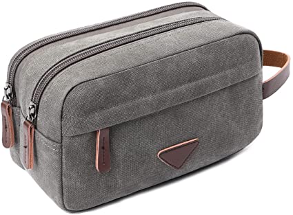 Mens Travel Toiletry Bag Canvas Leather Cosmetic Makeup Organizer Shaving Dopp Kits with Double Compartments (Gray)