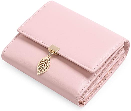 GOIACII Ladies Purse PU Leather Small Compact Wallets for Women with RFID Blocking,Women's Wallet with Leaf Pendant Zipper Coin Pocket