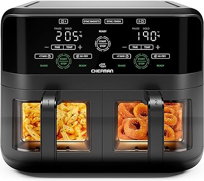 CHEFMAN 5.6 Litre Dual Basket Air Fryer Oven with Easy View Windows, Sync Finish, Hi-Fry, Auto Shutoff, Nonstick Dishwasher Safe Frying Baskets, 2100W, Digital Double Air Fryer - Black