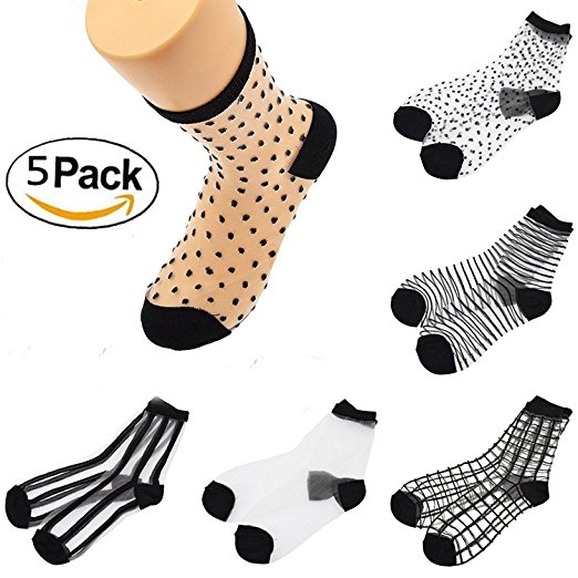 CHRLEISURE Ultrathin Transparent Mesh Ankle High Tights Socks Elastic Short Stocking (5 Pairs)